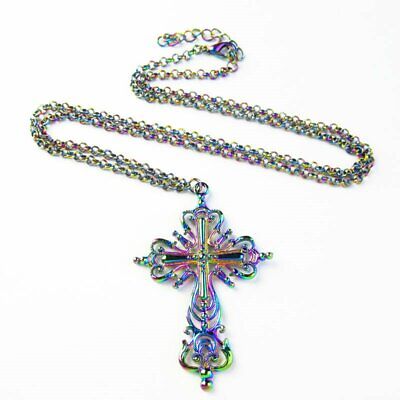 Rainbow Carved Tibetan Silver Cross Adjustable Necklace 17.5 inch B50517