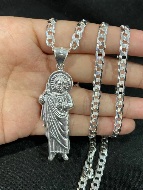 925 STERLING SILVER Men's San Judas St Jude Pendant & Curb Cuban Chain ...