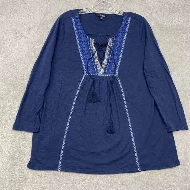 Lucky Brand Womens Shirt Top Large Blue Tassel Tie Boho Pullover Embroidered