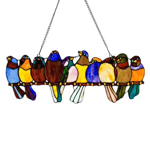 Multi Stained Glass Birds On A Wire 9-Gauge Galvanized Construction Window Panel