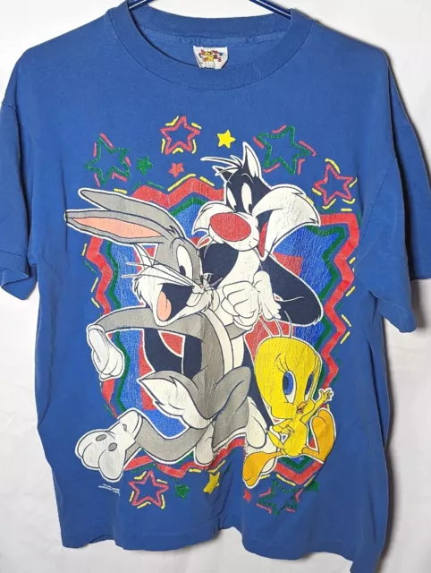 VINTAGE LOONEY TUNES T-Shirt M 1994 Bugs Bunny Tweety Sylvester Blue ...