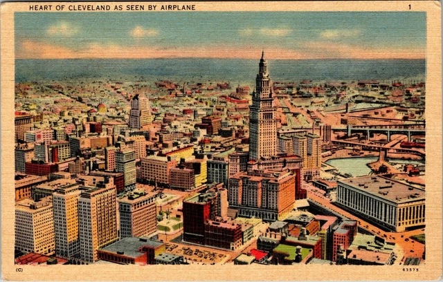 Vintage Postcard - Heart Of Cleveland As Seen By Airplane Ohio 1940