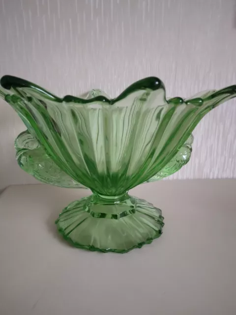 Vintage STS Abel Art Deco Green Glass Dove Handled Bowl Circa 1930's