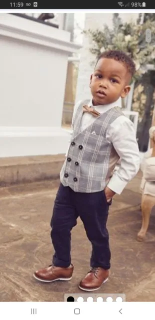 Next grey Waist coat Set Boys with navy trousers and tan shoes