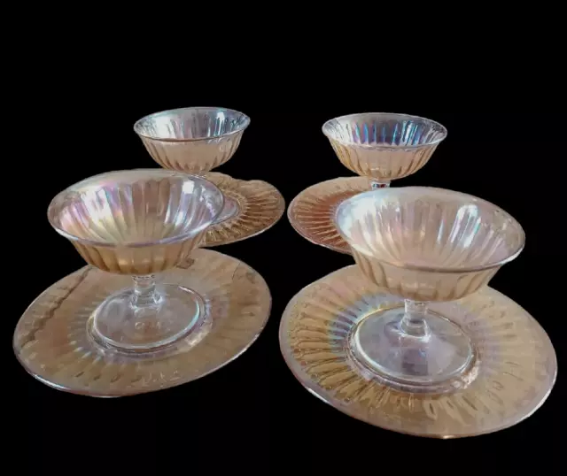 Vintage 4 x Imperial Marigold Carnival Glass Sundae Dishes & Saucers VGC
