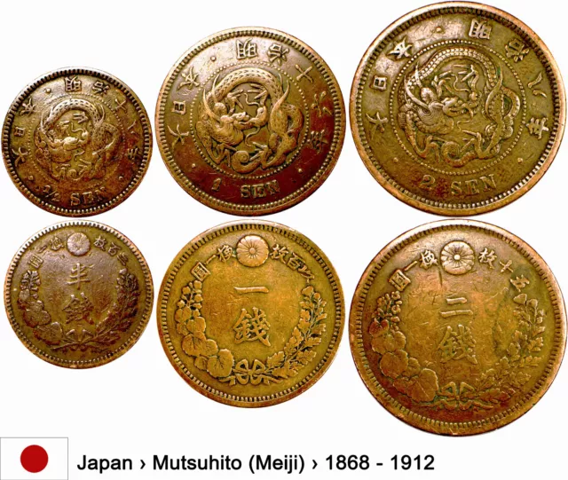 KMS Japan Mutsuhito (Meiji) _1868 - 1912_ LOT (1/2 Sen, 1 Sen, 2 Sen)