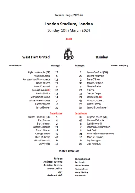 West Ham United v Burnley 10-03-24 Premier League Unofficial Team Sheet