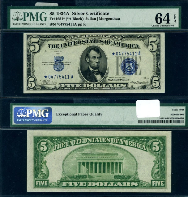 FR. 1651* $5 1934-A Silver Certificate *-A Block Choice PMG CU64 EPQ Star