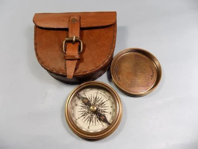 Authentic Vintage Style Brass Pocket Compass with Leather Case Gift Item