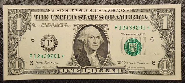 Uncirculated 2017 One Dollar ($1) *STAR* Note - Sequential Available, F District