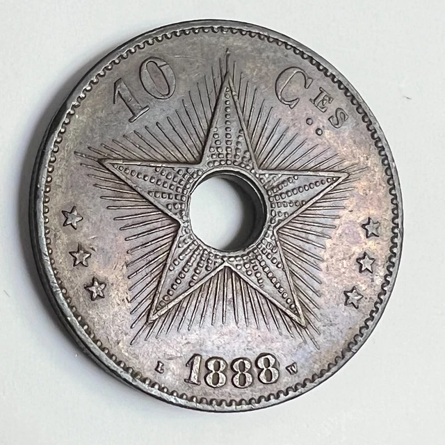 1888 BELGIAN CONGO Free State 10 CENTIMES, Leopold II, Choice AU+ BN