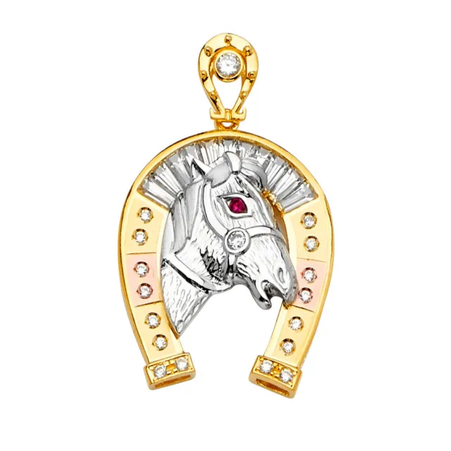 14k Tri Color Gold Cubic Zirconia Horse Shoe Pendant For Chain