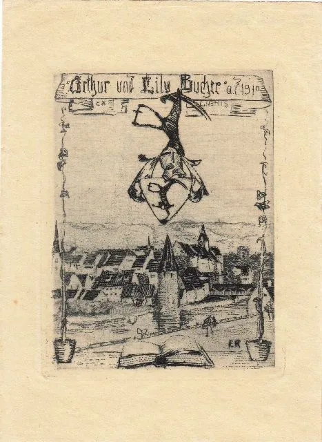 Exlibris Bookplate Radierung Ernst Georg Rüegg 1883-1948 Wappen Stadt