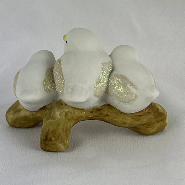 Bird Figurine 2.5" Three White Birds on Branch Porcelain Glitter 3