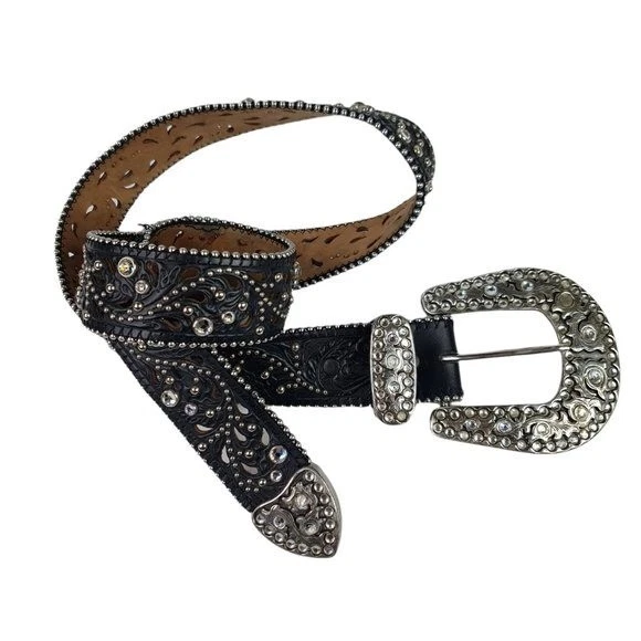 JUSTIN boots CRYSTAL rhinestones STUDDED Cowgirl cross WESTERN BELT 36 black