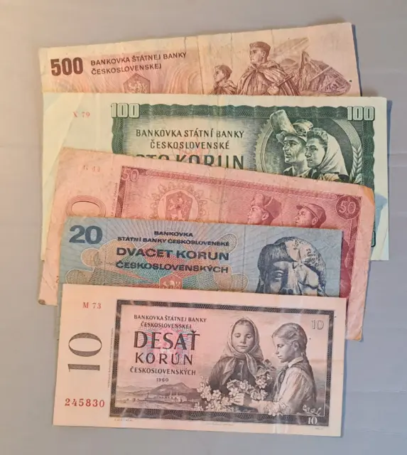 5x Czechoslovakia banknotes lot korun 10 20 50 100 500 used