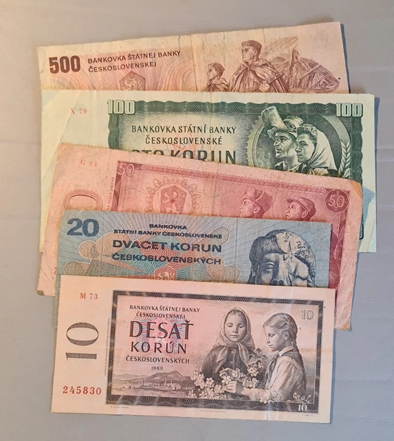 5x Czechoslovakia banknotes lot korun 10 20 50 100 500 used