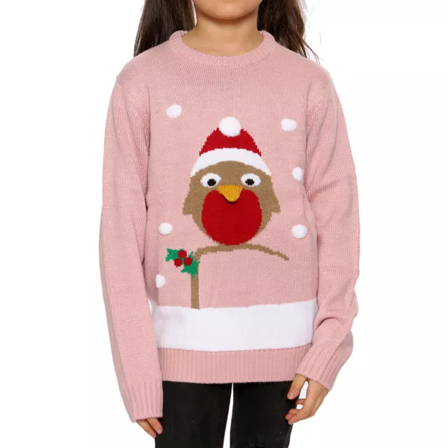 Girls Christmas Jumper XMAS Kids Sweater 3D Novelty Pullover Pom Pom Bird Top