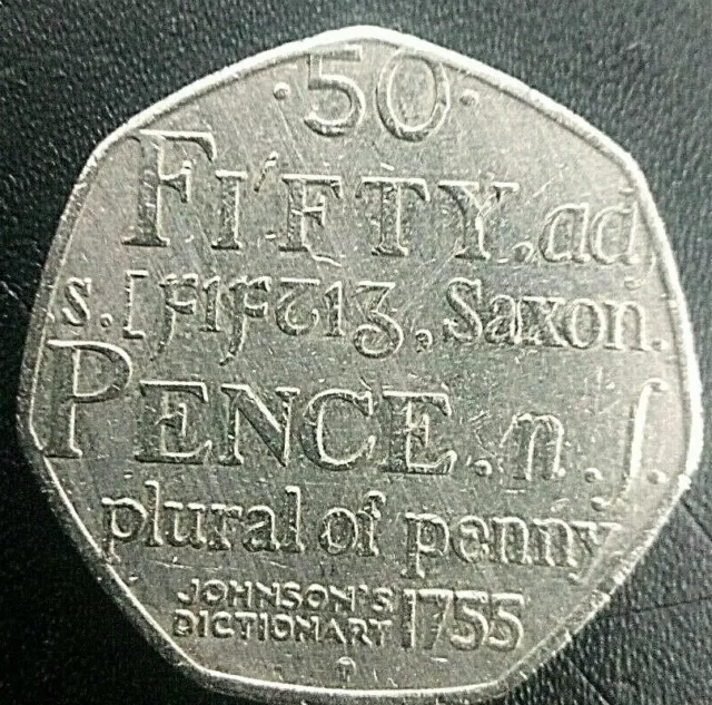 Fifty Pence 50p Coin Saxon Plural of Penny 2005 Johnsons Dictionary...