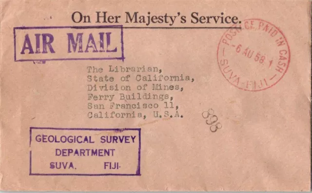 Fiji Postage Paid 1958 Postage Paid in Cash - Suva - Fiji Airmail to San Francis