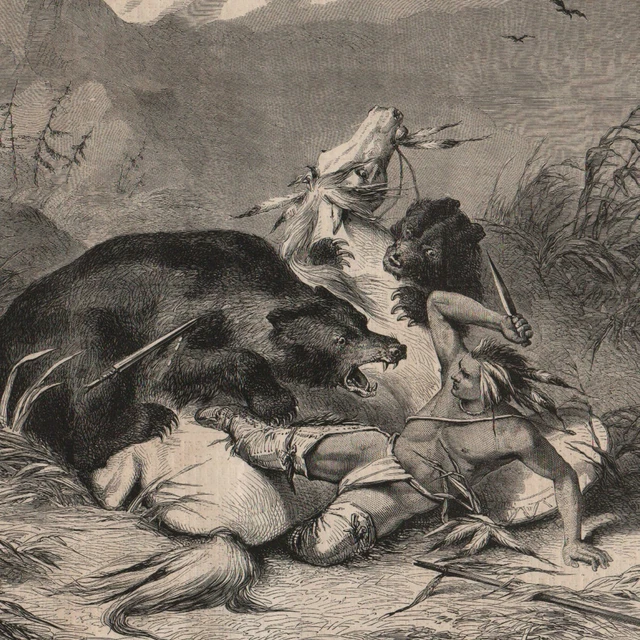 Wild Pawni Attacked by Bears - 1861 Press Engraving