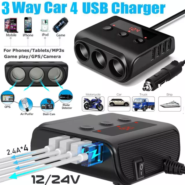 12V/24V LKW Auto KFZ-Adapter 3Fach Zigarettenanzünder Verteiler mit 4 USB Port.