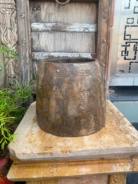 1800's Antique Old Wooden Hand Carved Iron Work Grain Pot Planter Pot