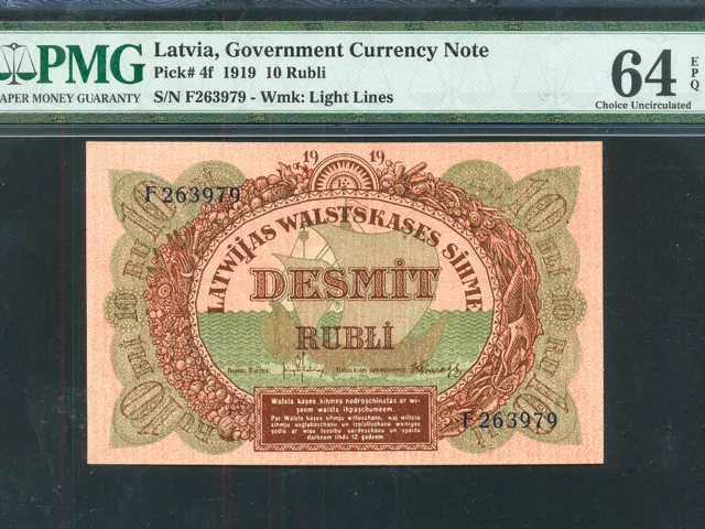 Latvia:P-4f,10 Rubli,1919 * Government Currency Note * PMG Ch. UNC 64 EPQ *
