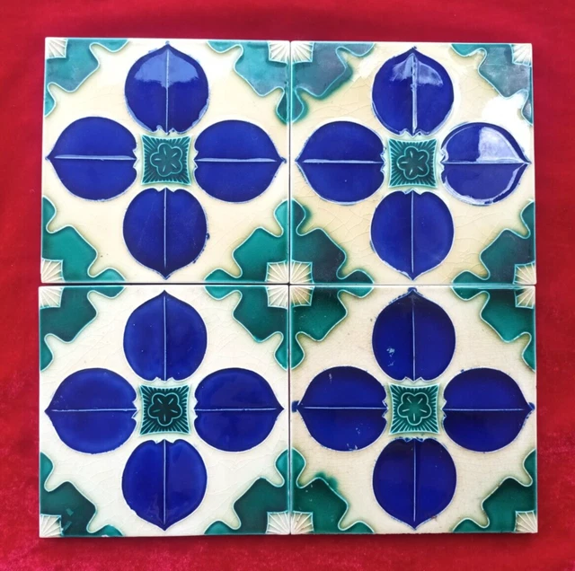 4 Piece Set Flower Design Embossed Old Art Majolica Ceramic Tiles Japan 0382