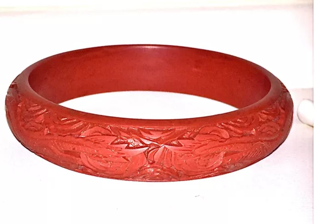 Antique Chinese Cinnabar Dragon Bangle Bracelet Carved Lacquer Chinoiserie  Vtg