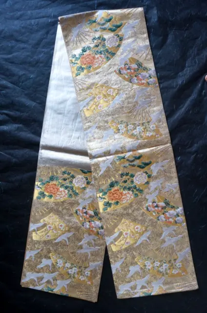 FUKURO Obi Japanese Kimono Vintage Woven Woman Belt Silk Gold Crane Traditional