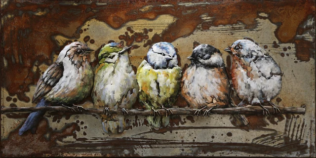 3 Dimensional Cannery Birds Wall Mount Oil Painting on Metal Canvas Figurine