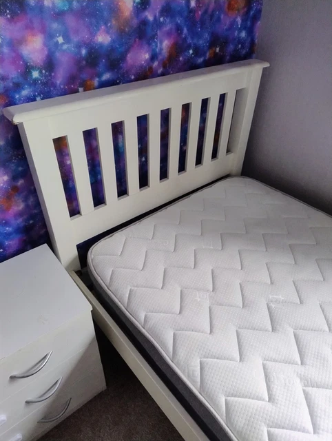 WHITE WOODEN SINGLE Slatted Bed Frame w/ Headboard Footboard & Foam ...
