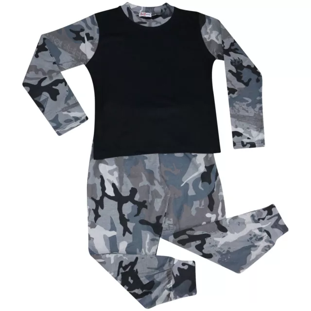 Kids Girls Boys Pjs Contrast Camouflage Charcoal Plain Stylish Pyjamas Set 2-13Y