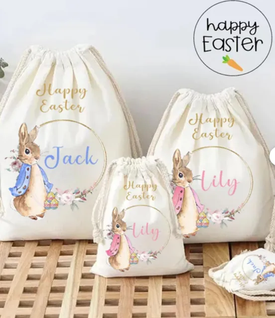 Personalised Kids Easter bunny and egg hunt gift bag, Custom First Easter Gift,