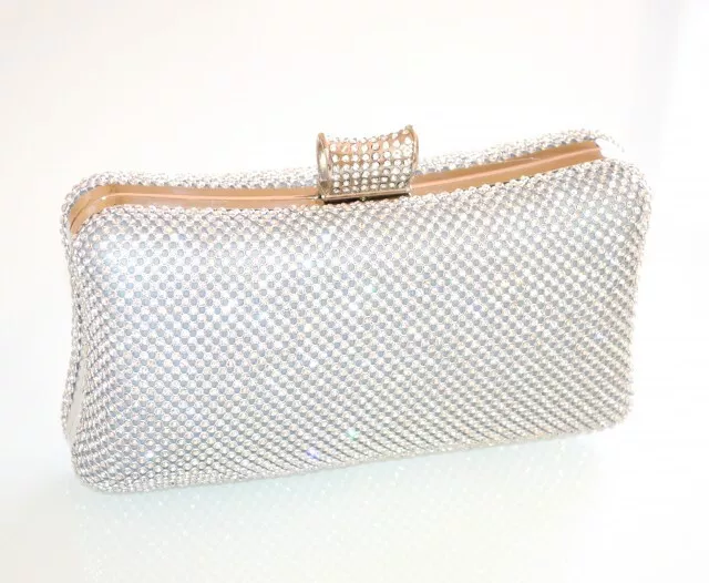 Pochette argento donna borsello clutch bag rigida borsa strass cerimonia UH40