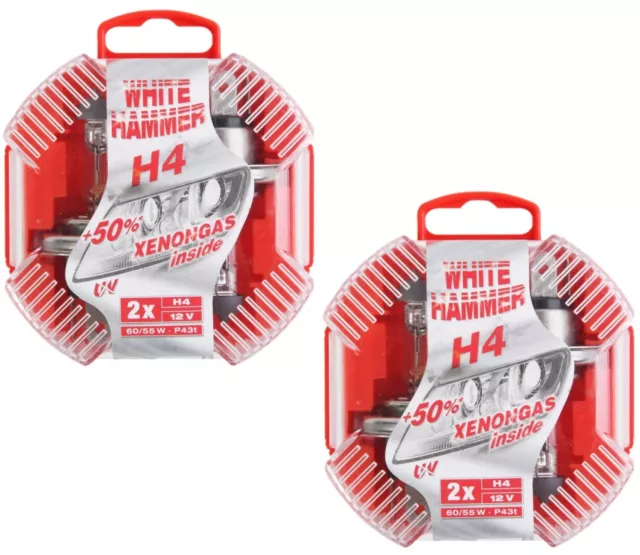 White Hammer 4x H4 12V 60/55W Xenon Gas Look Effekt Halogen-Birnen P43t Set Box