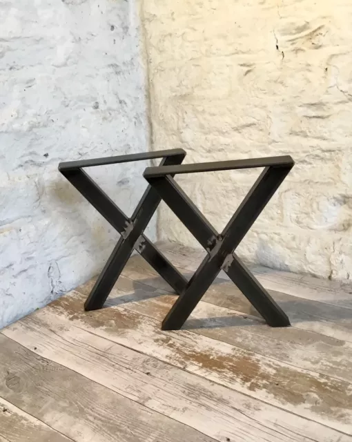 2 bancs en acier brut faits main X croix upcycle meubles pieds de siège style industriel