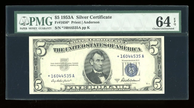 DBR 1953-A $5 Silver STAR Fr. 1656* PMG 64 EPQ Serial *16044535A