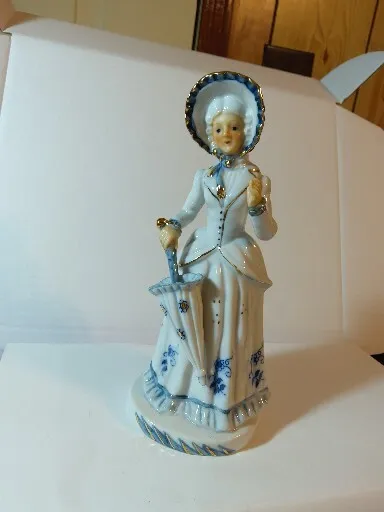 Vintage Blue & White Victorian Porcelain Gold Trim Figurine