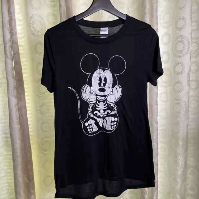 Disney Mickey Mouse Shirt Juniors Size M Black Short Sleeve Skeleton Halloween