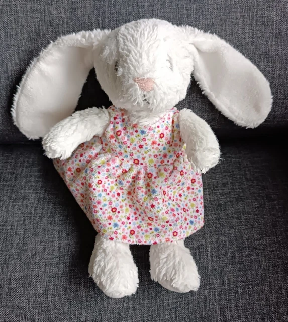 🐰Doudou peluche Plush Rabbit Lapin Pommette Blanc robe fleurie  25cm