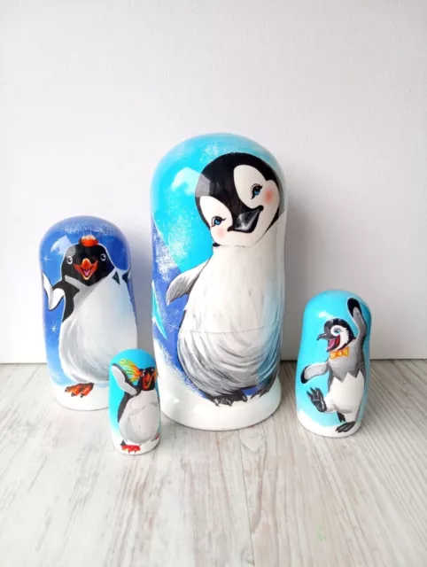 Muñecas anidadas pingüinos felices juego de 5 piezas muñecas de madera... 2