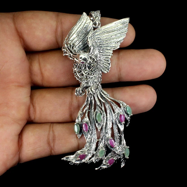 Heated Oval Red Ruby 6x3mm Emerald Marcasite 925 Sterling Silver Hawk Pendant