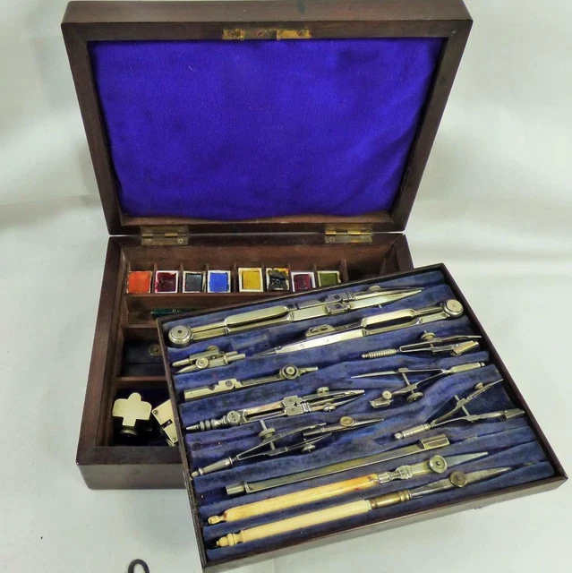 ANTIQUE DRAWING INSTRUMENT SET + WATERCOLOUR PAINTS BOX THORNTON c1880 ...