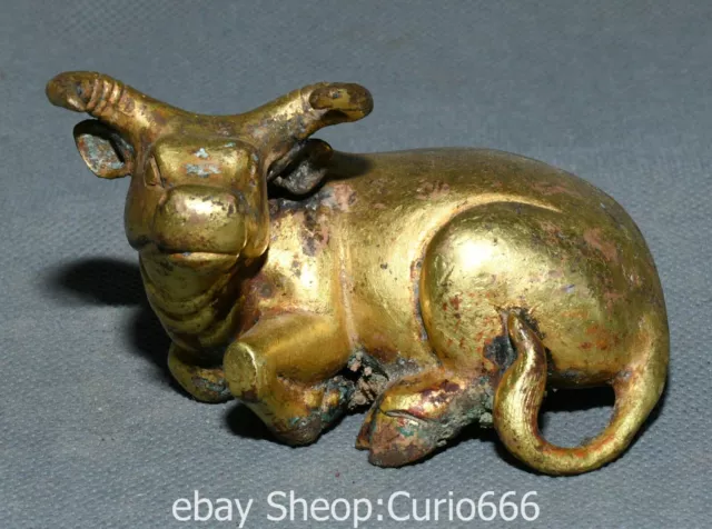 2.7'' Old Chinese Bronze Ware Gold Fengshui 12 Zodiac Cattle Ox Bull Statue