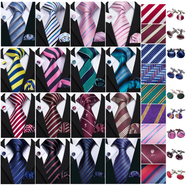 Mens Silk Ties Pink Striped Tie Necktie Pocket Square Cufflink Suit Set Wedding