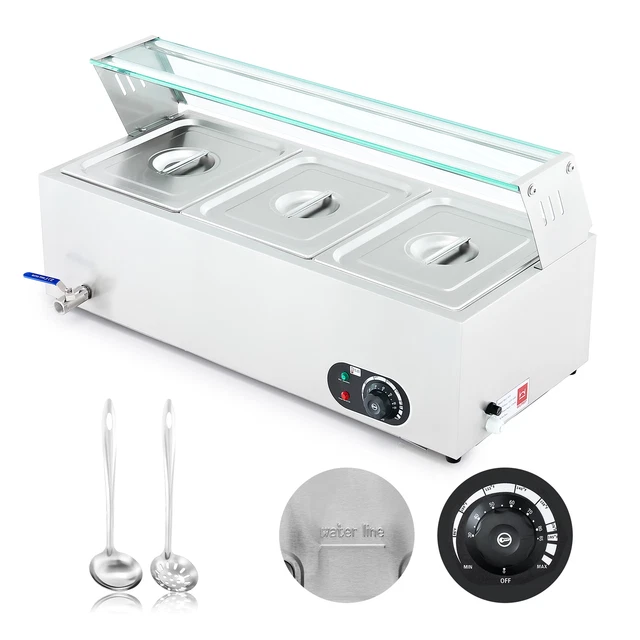 Commercial Countertop Food Warmer 3 Pan Electric Warming Trays with Glass Shelf