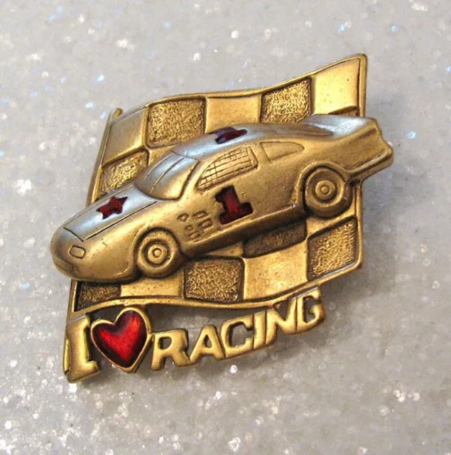 Vintage Signed Danecraft ~ I Love Racing ~ Gold tone Brooch Pin Nascar