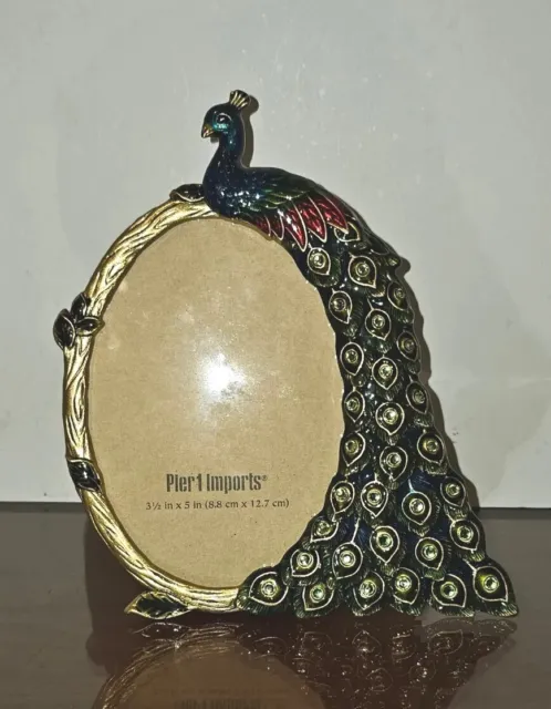 Pier 1 Imports Enameled Jeweled Metal Peacock Easel Oval Photo Frame-NWOT!